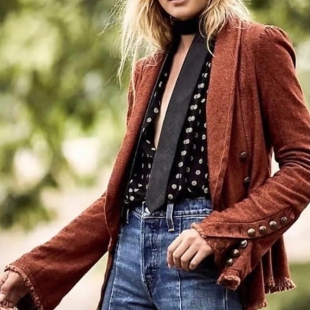FREE PEOPLE Throwback Corduroy Jacket Lace Victorian Gothic Peplum Blazer Rust